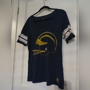 Adidas Michigan U of M football helmet t-shirt, Blue with white stripes on arms